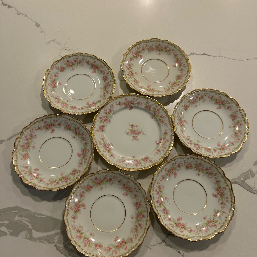 Elite Limoges White Porcelain Plate with Pink Floral and Gold Trim (7pc)